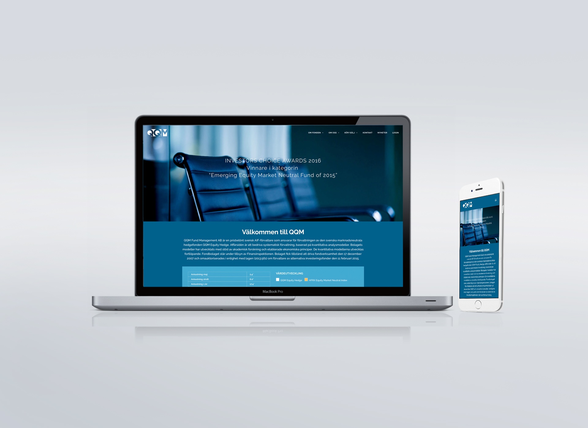 Laptop och smartphone som visar QQM:s webbplats