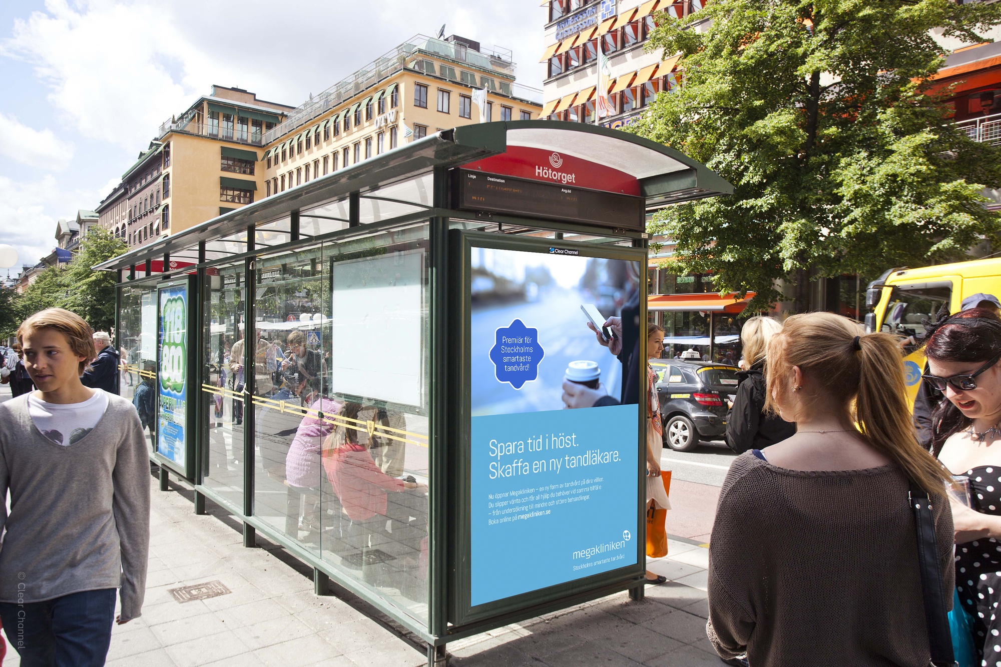 Megakliniken Adshel Busskur med reklam för Megakliniken